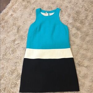 Blue and White Sleeveless Halter Sheath Dress